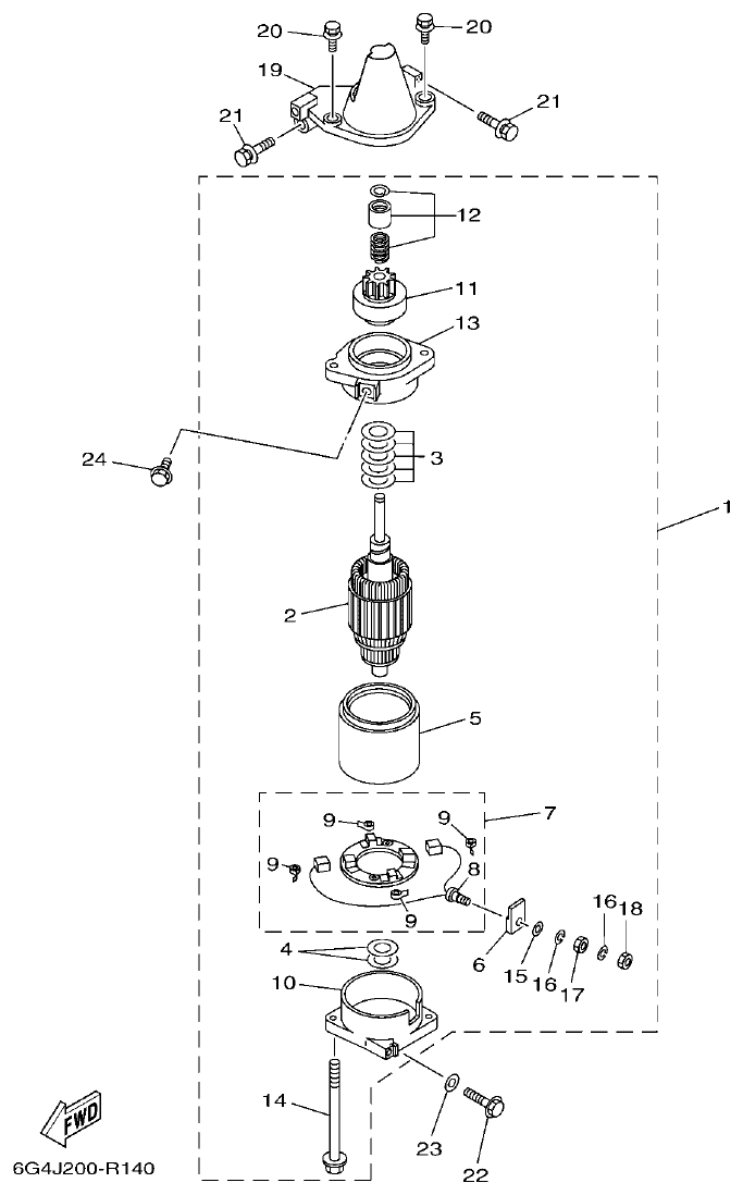 Yamaha 150AET, 200AET, L150AET, L200AET STARTING MOTOR parts diagram